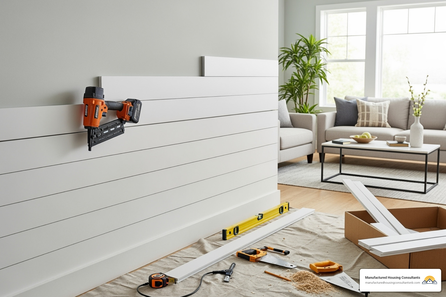 DIY shiplap accent wall - Manufactured home design ideas