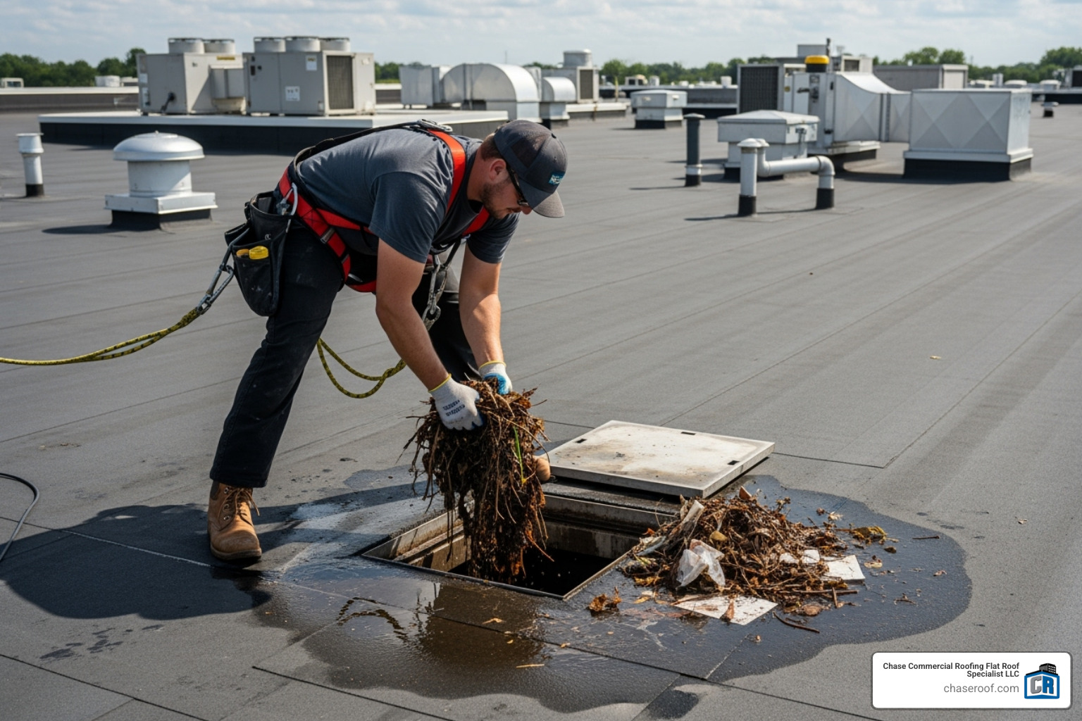 A roofer clearing debris from a commercial roof drain - commercial roof maintenance plans