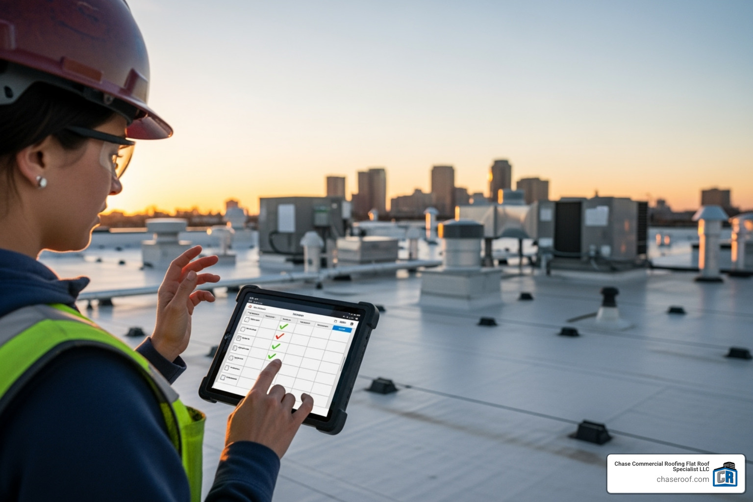 A roofing professional reviewing a checklist on a tablet on a commercial roof - commercial roof maintenance plans