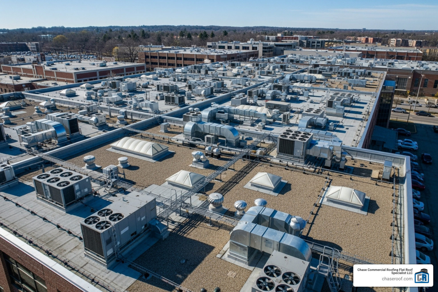 A complex commercial roof with multiple levels and equipment in Woodland Park, NJ - commercial roof maintenance plans