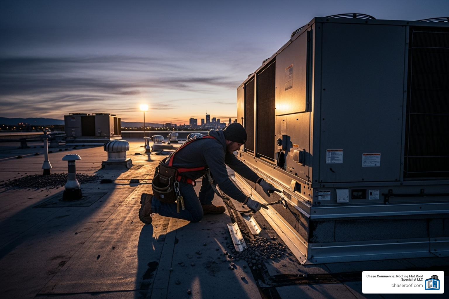 A roofer inspecting roof flashing around an HVAC unit - commercial roof maintenance plans