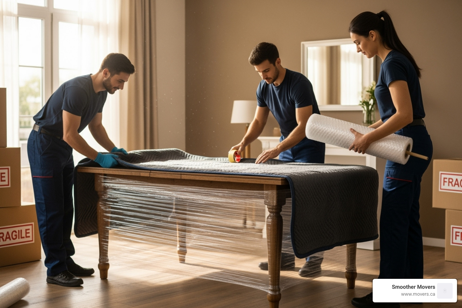 a professional moving team carefully wrapping furniture - house movers nanaimo