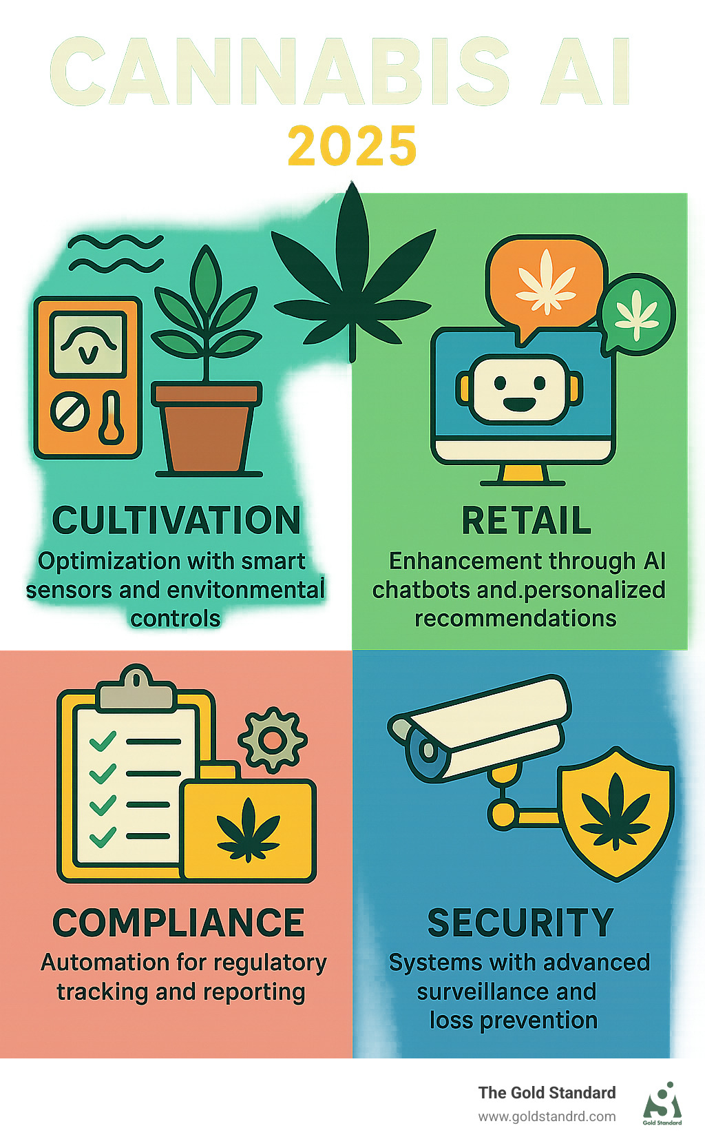 Infographic showing the four pillars of cannabis AI implementation: Cultivation optimization with smart sensors and environmental controls, Retail improvement through AI chatbots and personalized recommendations, Compliance automation for regulatory tracking and reporting, and Security systems with advanced surveillance and loss prevention - cannabis ai infographic 