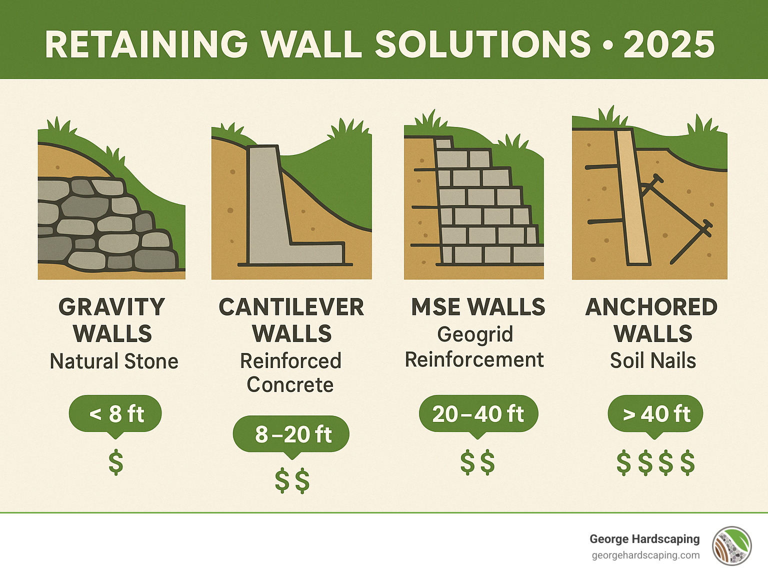 Comprehensive infographic showing different types of retaining wall solutions including gravity walls with natural stone, cantilever walls with reinforced concrete, MSE walls with geogrid reinforcement, and anchored walls with soil nails, along with their typical height ranges and cost considerations - retaining wall solutions infographic Comprehensive infographic showing different types of retaining wall solutions including gravity walls with natural stone, cantilever walls with reinforced concrete, MSE walls with geogrid reinforcement, and anchored walls with soil nails, along with their typical height ranges and cost considerations - retaining wall solutions infographic
