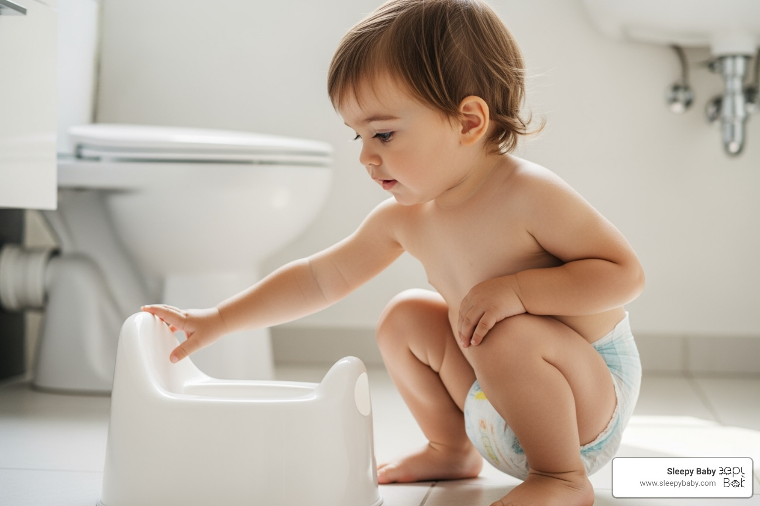 A toddler showing interest in a small potty - use of diaper is good or bad