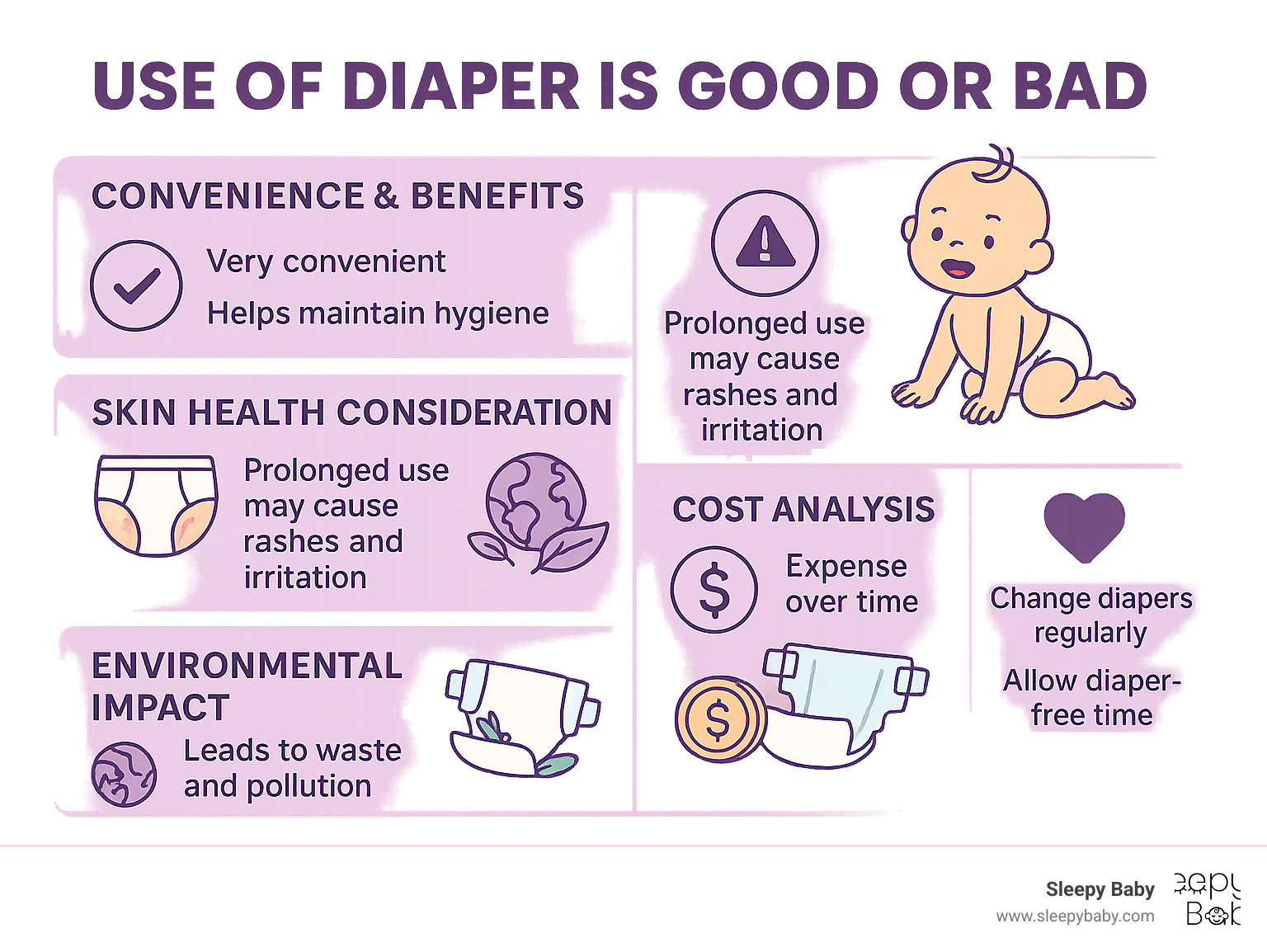 Comprehensive comparison showing diaper pros and cons including convenience benefits, skin health considerations, environmental impact, cost analysis, and best practices for safe diaper use - use of diaper is good or bad infographic 