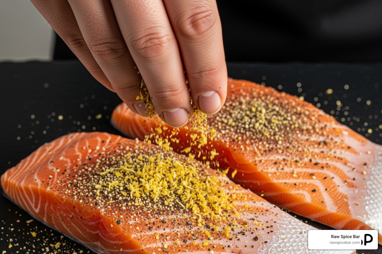 A hand sprinkling lemon pepper seasoning over raw salmon fillets - salt free lemon pepper
