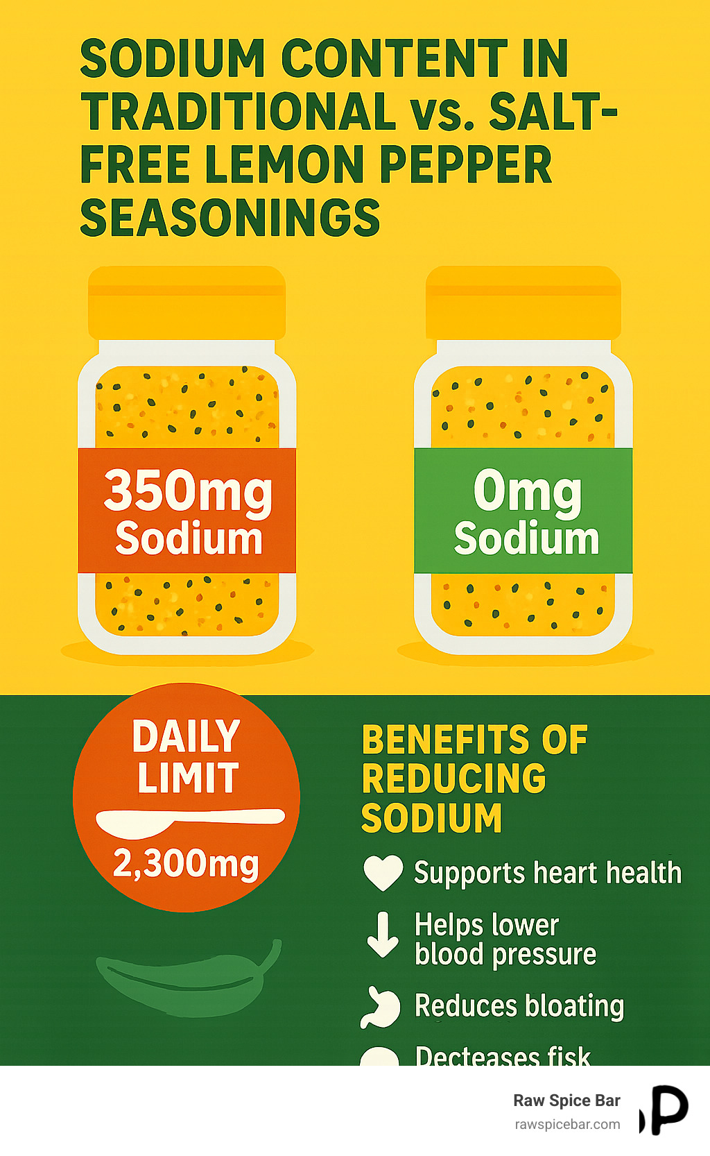 Comparison infographic showing sodium content in traditional vs salt-free lemon pepper seasonings with daily recommended sodium limits and health benefits of reducing sodium intake - salt free lemon pepper infographic 