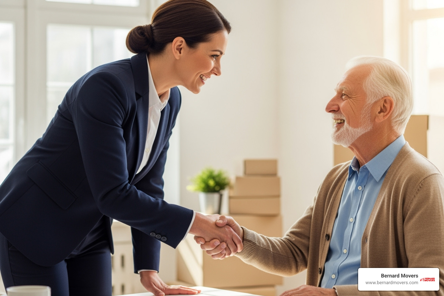 friendly moving consultant shaking hands with senior client - low cost movers for seniors