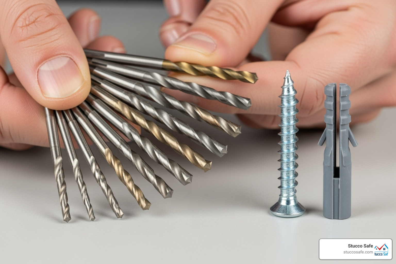 person comparing different drill bit sizes against a screw and anchor - cement drill bit