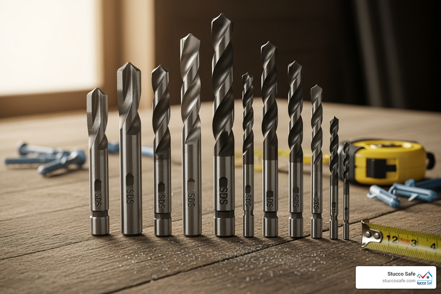 various types of masonry drill bits lined up - cement drill bit