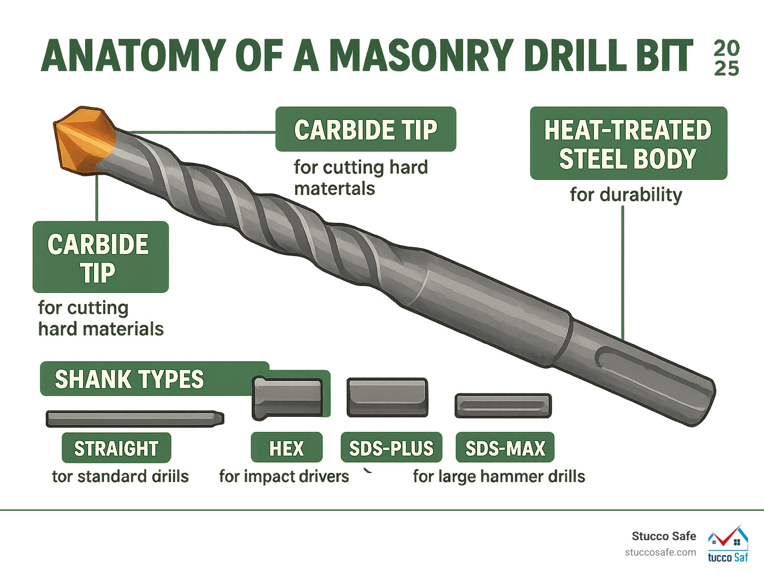 Infographic showing the anatomy of a masonry drill bit with labeled parts including carbide tip for cutting hard materials, reinforced flutes for dust removal, heat-treated steel body for durability, and different shank types (straight, hex, SDS-Plus, SDS-Max) with their compatible drill types - cement drill bit infographic 