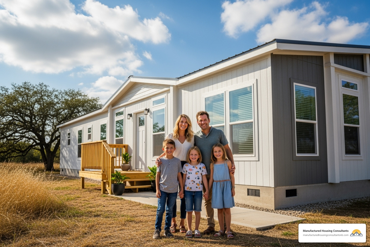 family standing happily in front of their new double wide home - double wide mobile homes texas