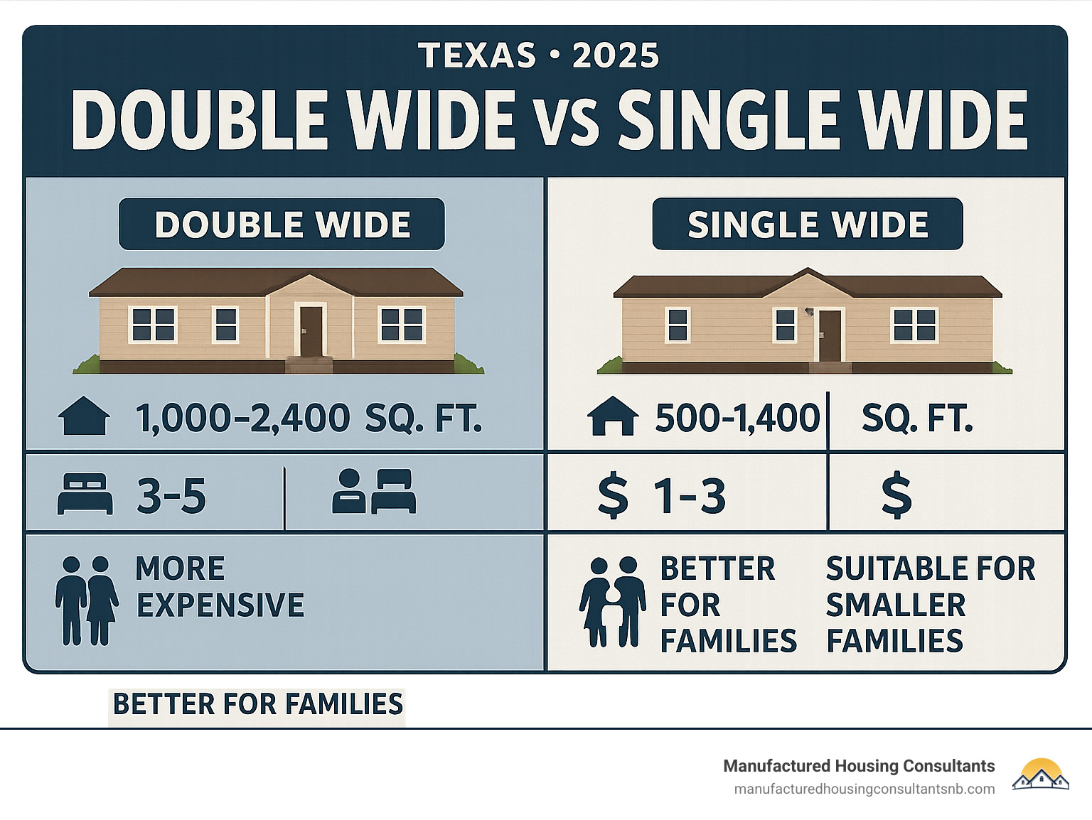 Benefits comparison infographic showing double wide vs single wide homes, highlighting square footage ranges, bedroom counts, price differences, and family suitability in Texas - double wide mobile homes texas infographic 
