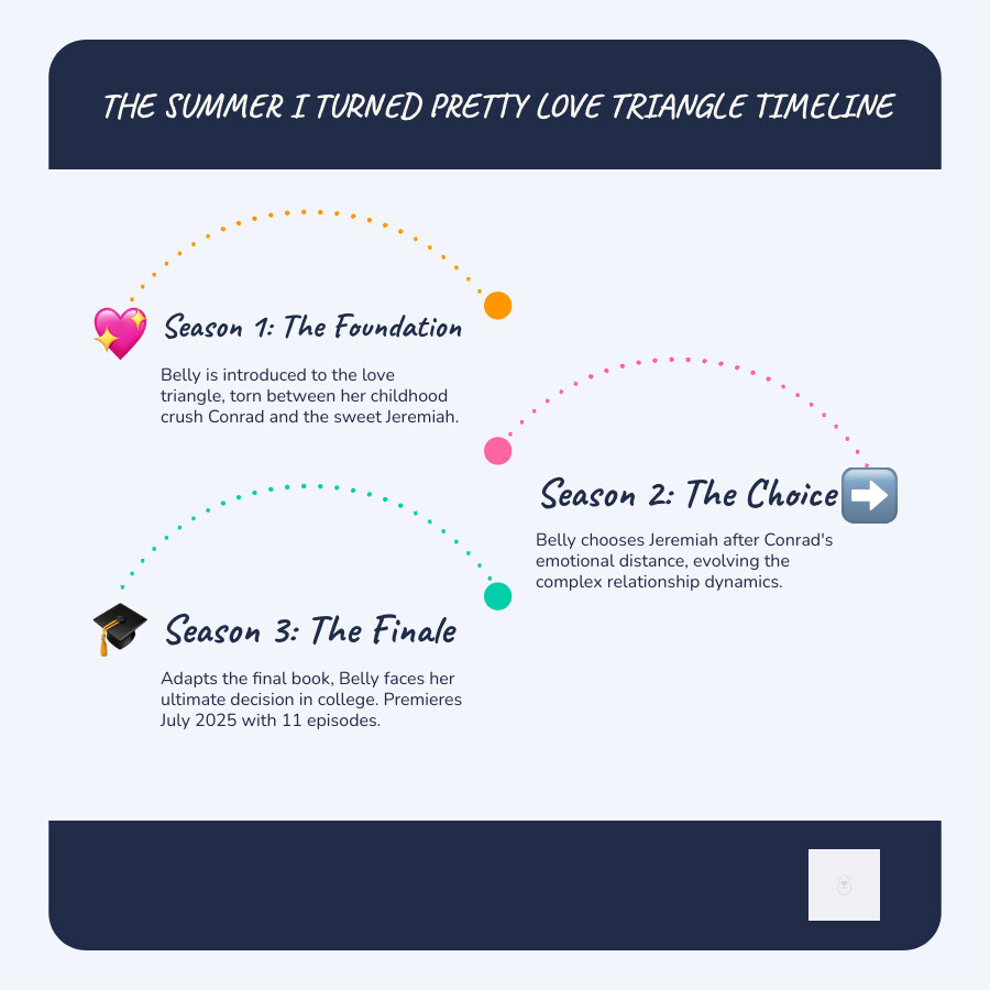 Infographic showing The Summer I Turned Pretty Season 3 timeline: Season 1 established the love triangle with Belly torn between childhood crush Conrad and sweet Jeremiah; Season 2 ended with Belly choosing Jeremiah after Conrad's emotional distance; Season 3 will adapt the final book where Belly faces her ultimate decision in college, featuring 11 episodes premiering July 2025 on Prime Video - the summer i turned pretty season 3 infographic infographic-line-3-steps-blues-accent_colors