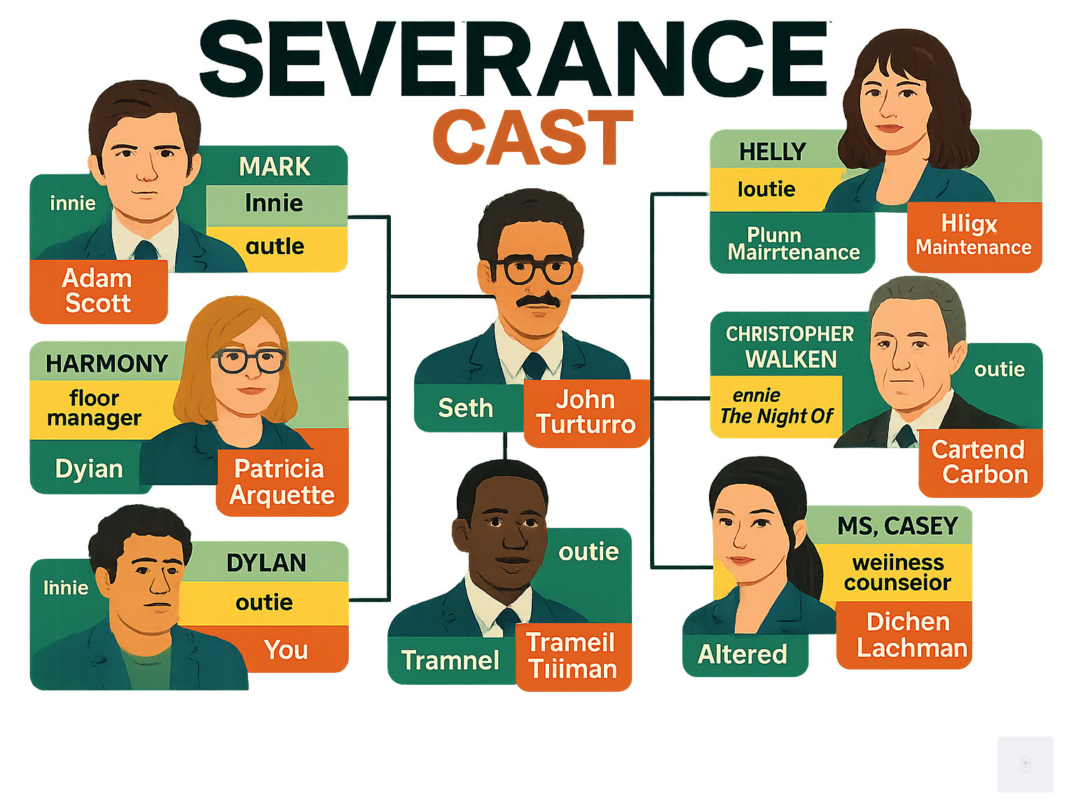 Detailed breakdown of Severance cast members showing their dual innie and outie roles, character relationships within Lumon Industries, and the actors' previous notable works - severance cast infographic 