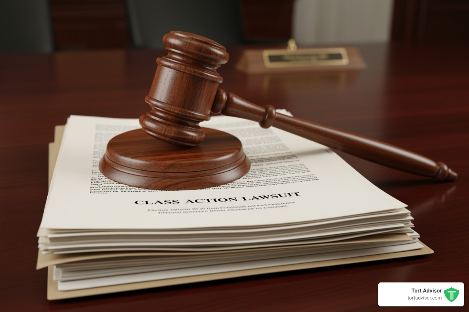 gavel resting on legal documents titled "Class Action Lawsuit" - depo provera bone loss lawsuit
