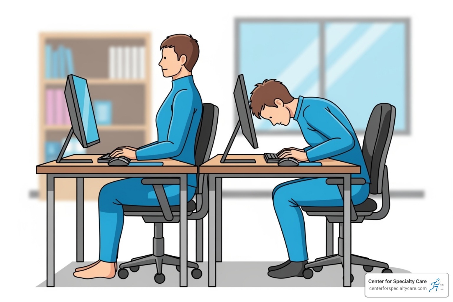 illustration of good vs. bad posture at a desk - shoulder pain and popping when lifting arm