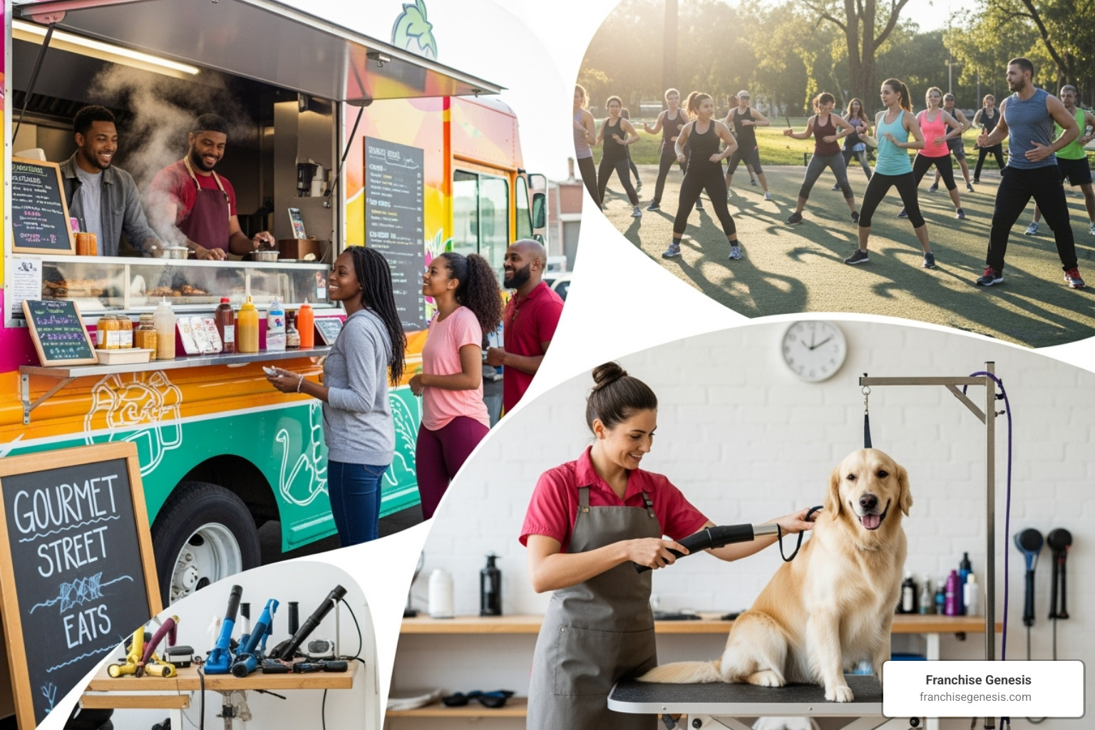 collage showing diverse industries like a food truck, a fitness class, and a pet grooming service - franchises opportunities