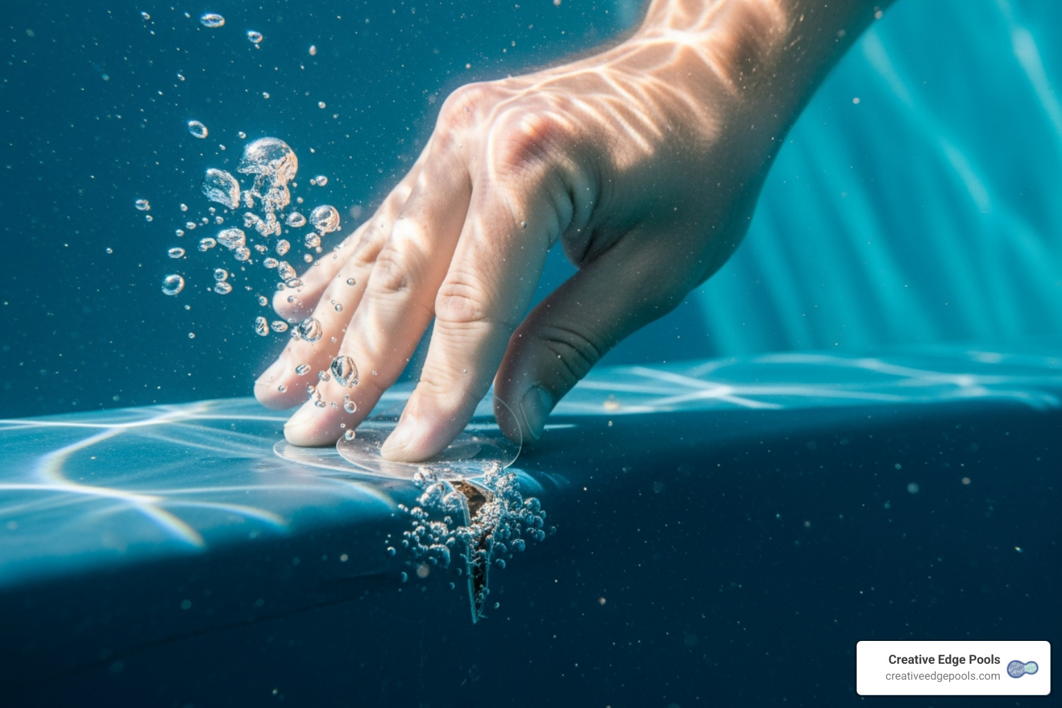 hand applying patch underwater - pvc pool repair kit