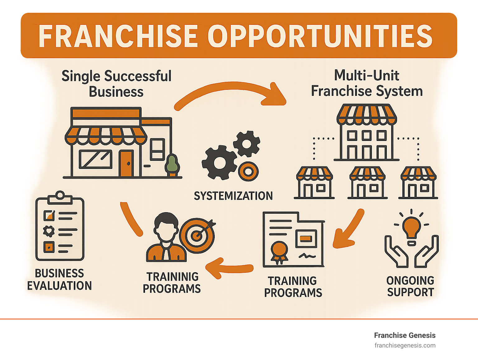 Detailed infographic showing the step-by-step process of changing a single successful business into a multi-unit franchise system, including business evaluation, systemization, legal documentation, franchisee recruitment, training programs, and ongoing support structures - franchises opportunities infographic 
