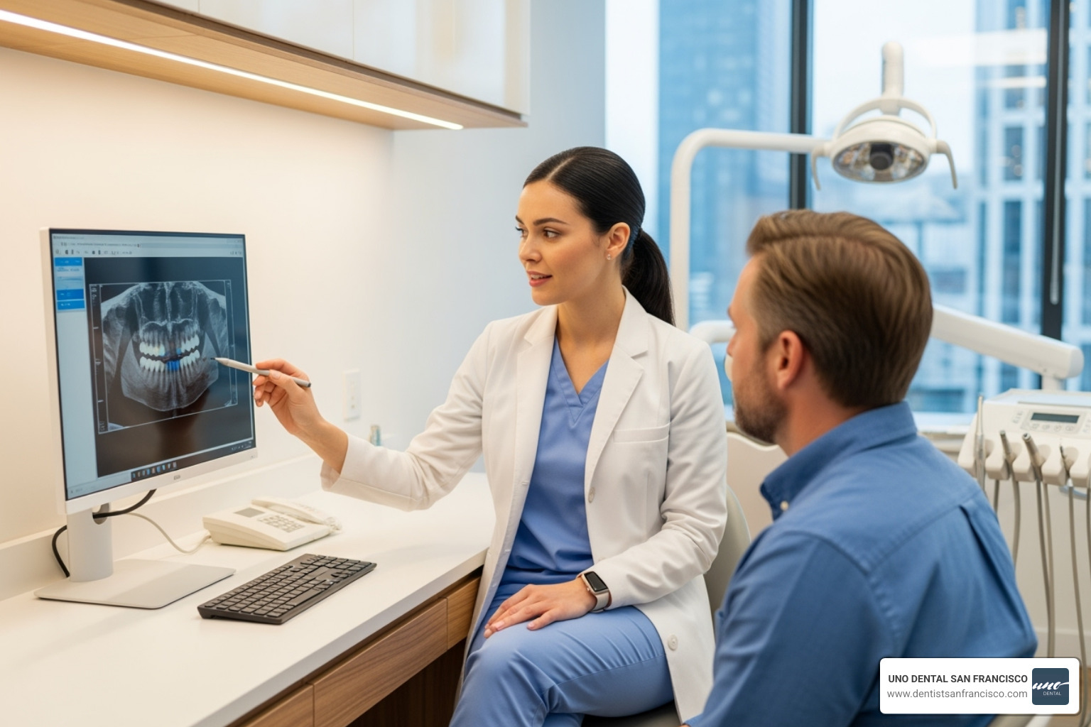 Image of a dentist and patient discussing a treatment plan - what is a protective restoration in dentistry