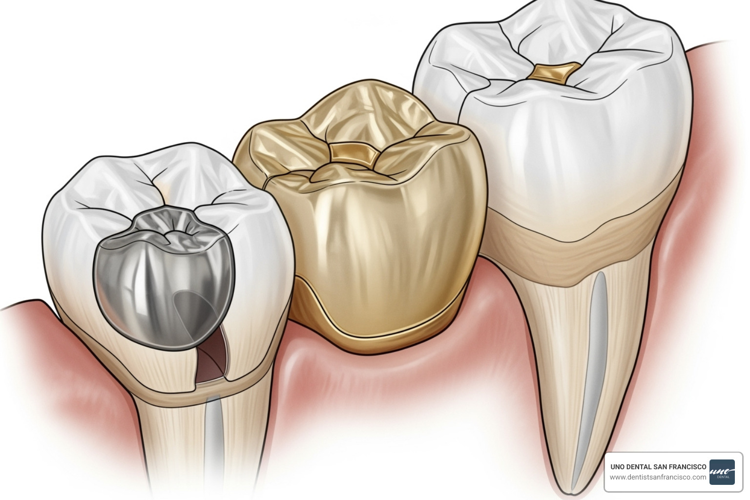 Image illustrating the differences between a filling, inlay, onlay, and crown on a molar - what is a protective restoration in dentistry