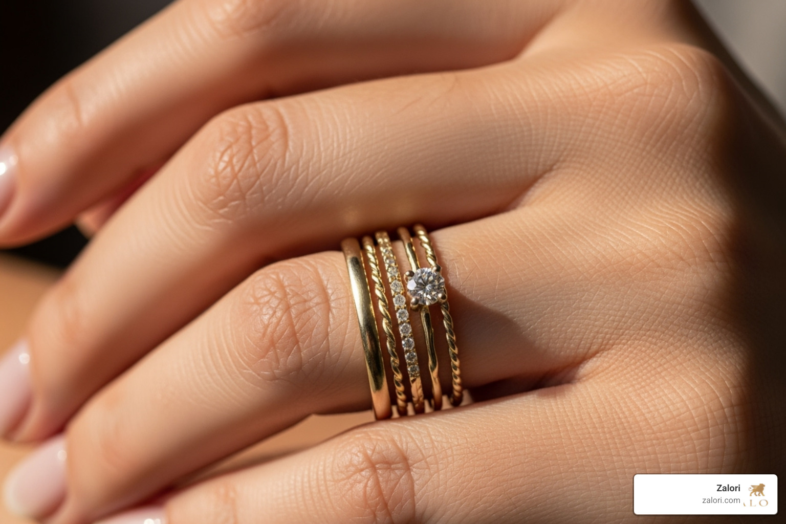 a hand wearing a stack of delicate gold rings including an engagement ring - Engagement rings Los Angeles a hand wearing a stack of delicate gold rings including an engagement ring - Engagement rings Los Angeles