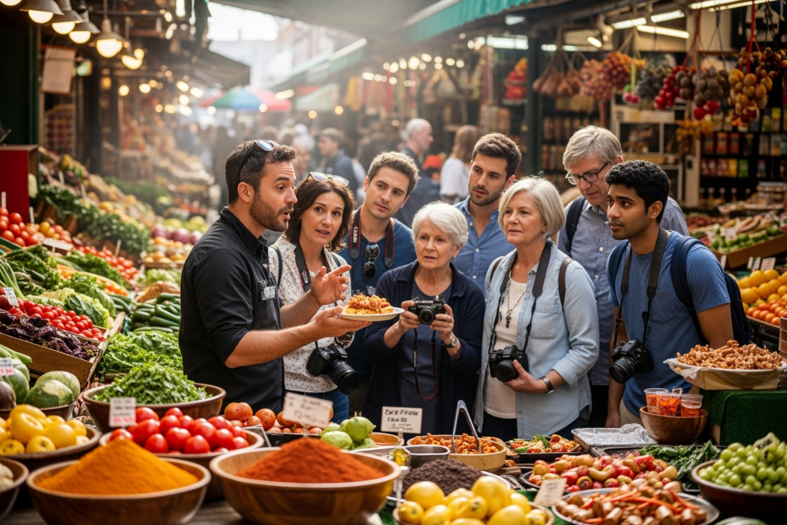 A tour guide passionately explaining a dish to a small group in a busy market - Best food tours