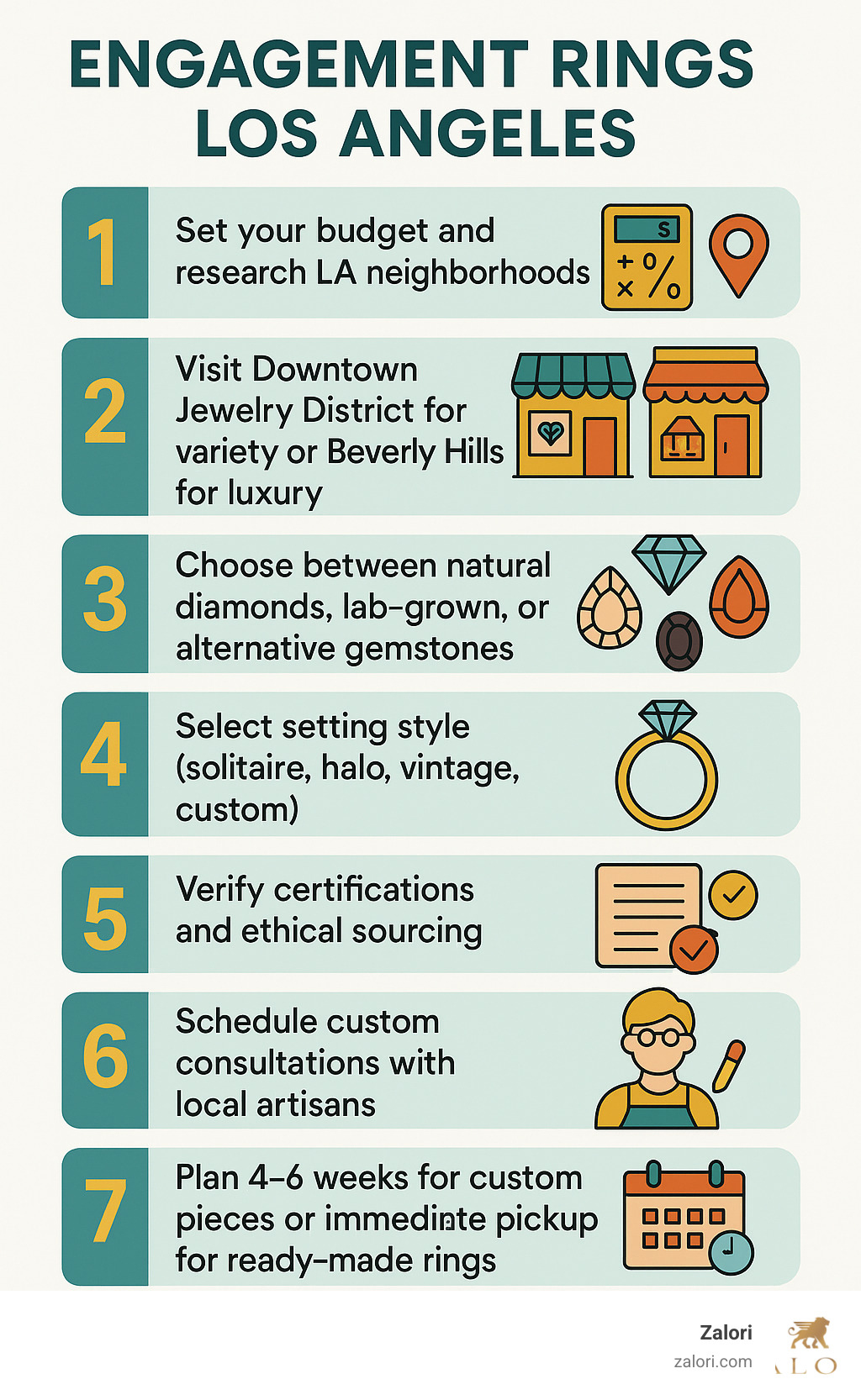 Infographic showing the complete Los Angeles engagement ring buying process: Step 1 - Set your budget and research LA neighborhoods, Step 2 - Visit Downtown Jewelry District for variety or Beverly Hills for luxury, Step 3 - Choose between natural diamonds, lab-grown, or alternative gemstones, Step 4 - Select setting style (solitaire, halo, vintage, custom), Step 5 - Verify certifications and ethical sourcing, Step 6 - Schedule custom consultations with local artisans, Step 7 - Plan 4-6 weeks for custom pieces or immediate pickup for ready-made rings - Engagement rings Los Angeles infographic Infographic showing the complete Los Angeles engagement ring buying process: Step 1 - Set your budget and research LA neighborhoods, Step 2 - Visit Downtown Jewelry District for variety or Beverly Hills for luxury, Step 3 - Choose between natural diamonds, lab-grown, or alternative gemstones, Step 4 - Select setting style (solitaire, halo, vintage, custom), Step 5 - Verify certifications and ethical sourcing, Step 6 - Schedule custom consultations with local artisans, Step 7 - Plan 4-6 weeks for custom pieces or immediate pickup for ready-made rings - Engagement rings Los Angeles infographic