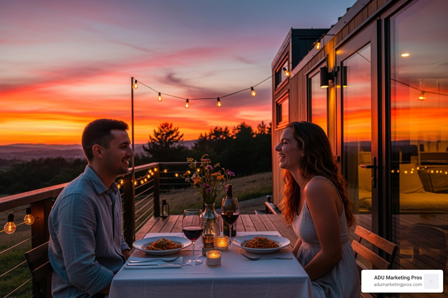 couple enjoying an outdoor meal on the deck of their tiny home with a sunset backdrop - tiny house living in southern california couple enjoying an outdoor meal on the deck of their tiny home with a sunset backdrop - tiny house living in southern california