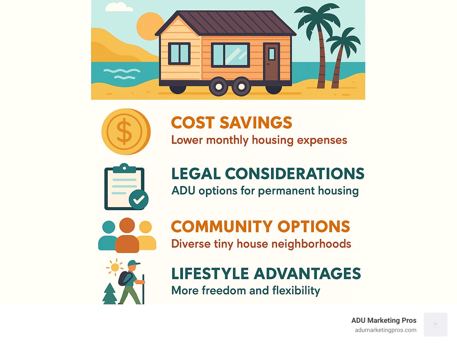 Comprehensive guide to tiny house living benefits in Southern California including cost savings, legal considerations, community options, and lifestyle advantages for sustainable small-space living - tiny house living in southern california infographic Comprehensive guide to tiny house living benefits in Southern California including cost savings, legal considerations, community options, and lifestyle advantages for sustainable small-space living - tiny house living in southern california infographic