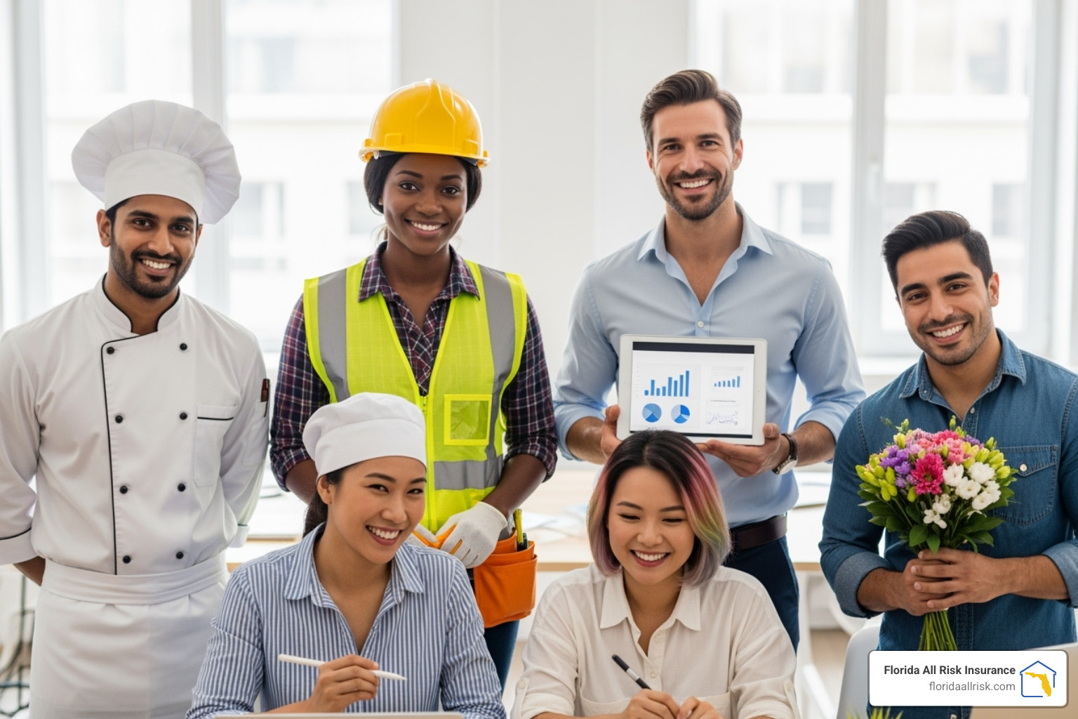 A diverse group of small business owners smiling confidently. The group includes a chef in a white toque, a contractor in a hard hat, and a consultant holding a tablet, all looking engaged and professional. - Tampa small business insurance
