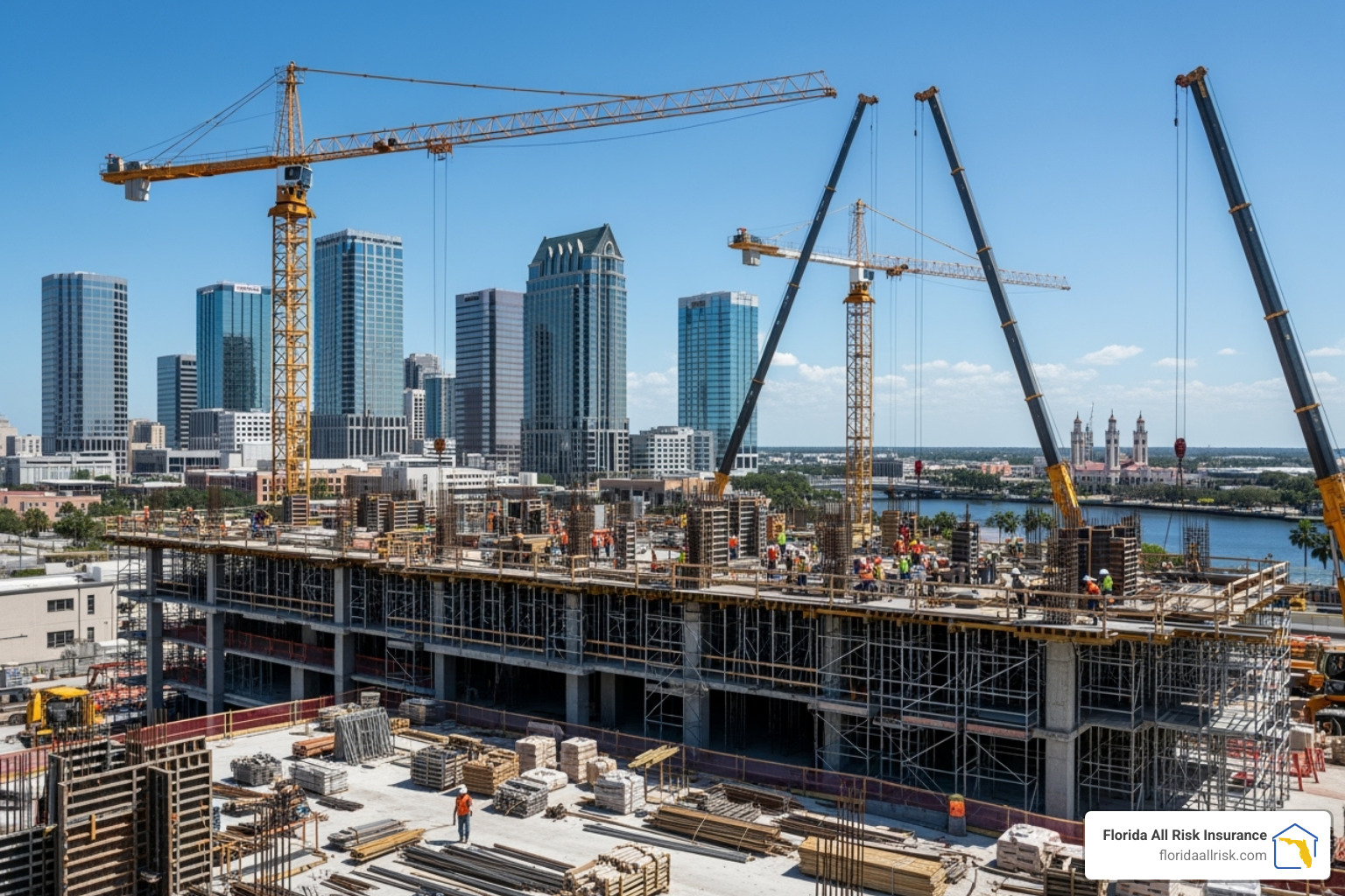 A busy construction site in Tampa, with cranes and scaffolding, set against the backdrop of the city's modern skyline under a clear blue sky. - Tampa small business insurance