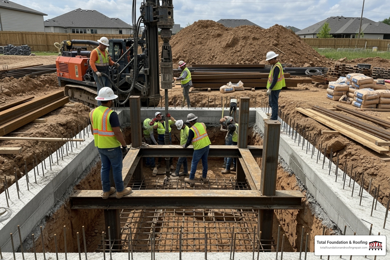 steel piers being installed under a house - cost of foundation repair