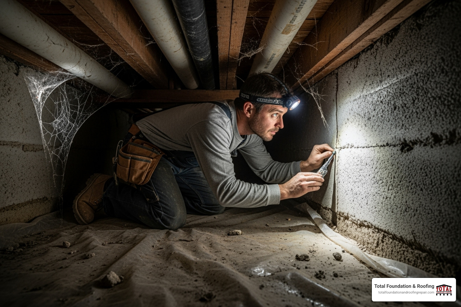 a contractor assessing a foundation in a tight crawl space - cost of foundation repair