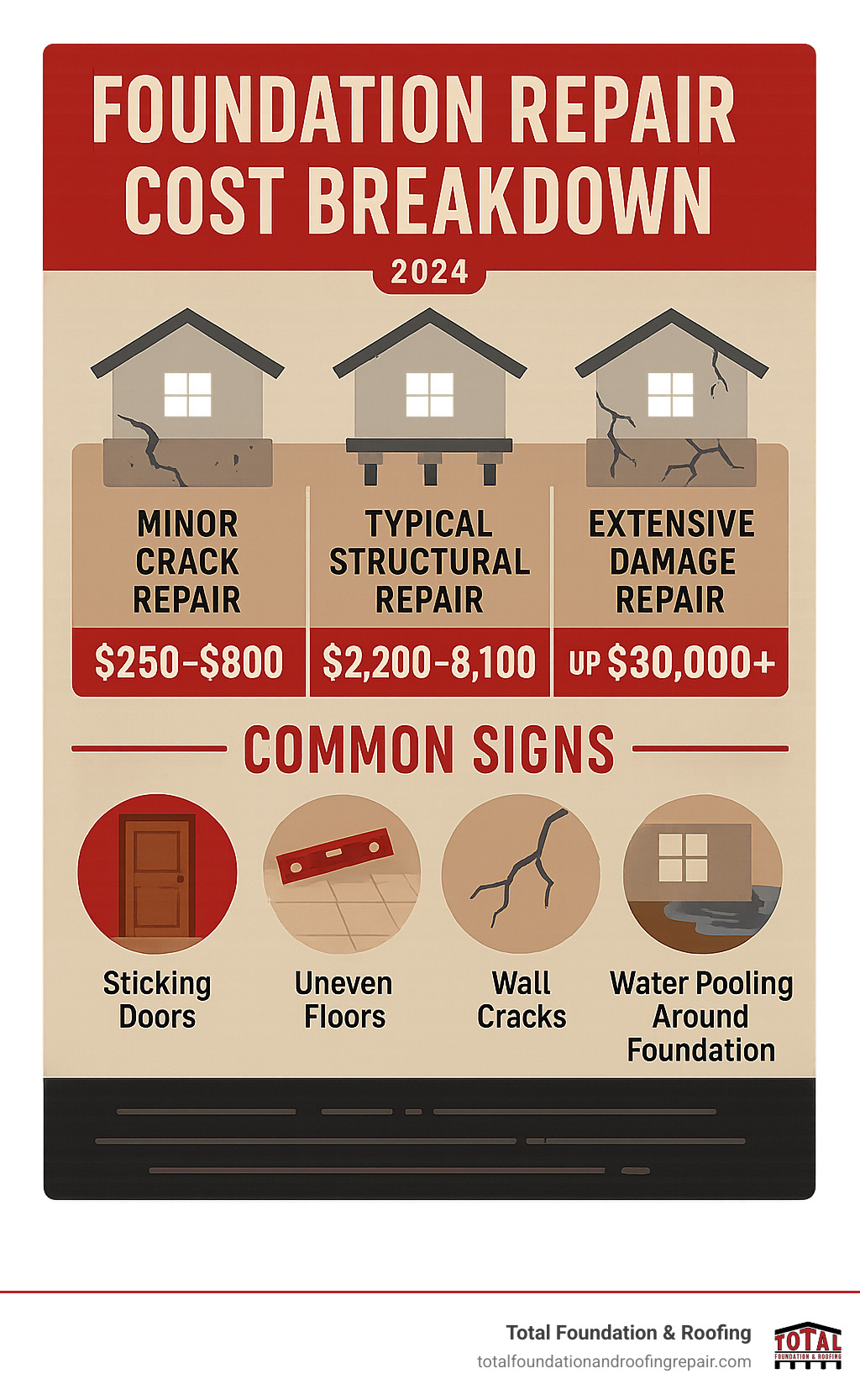 Foundation Repair Cost Breakdown showing minor crack repair $250-800, typical structural repair $2200-8100, and extensive damage repair up to $30000+ with common signs including sticking doors, uneven floors, wall cracks, and water pooling around foundation - cost of foundation repair infographic 