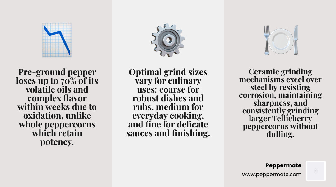 Infographic showing flavor degradation of pre-ground pepper over time versus whole peppercorns, with grinding mechanism comparison between ceramic and steel burrs, and optimal grind sizes for different cooking applications - tellicherry pepper grinder infographic 3_facts_emoji_grey