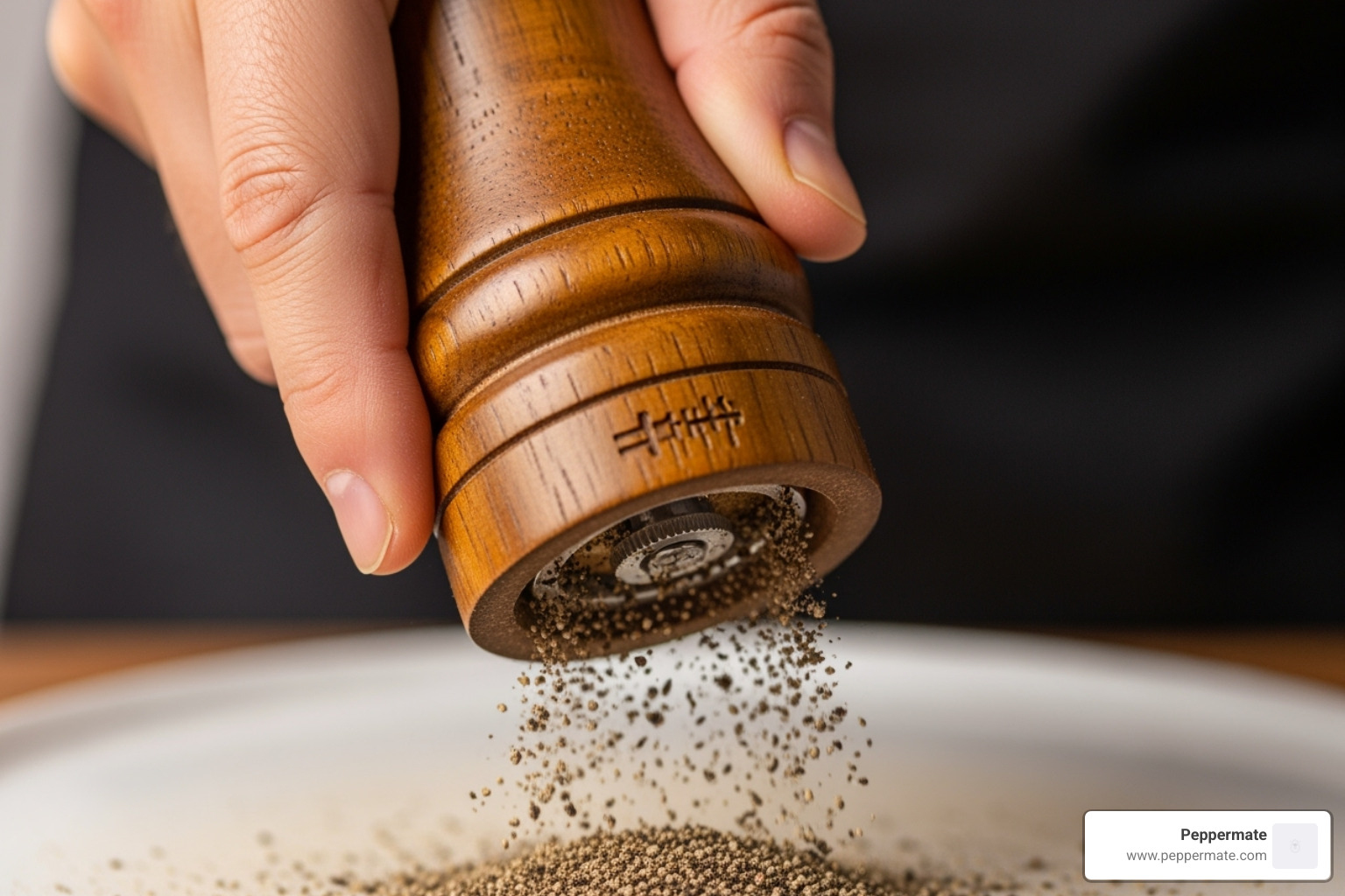 a hand turning a pepper grinder, with pepper flakes falling - tellicherry pepper grinder