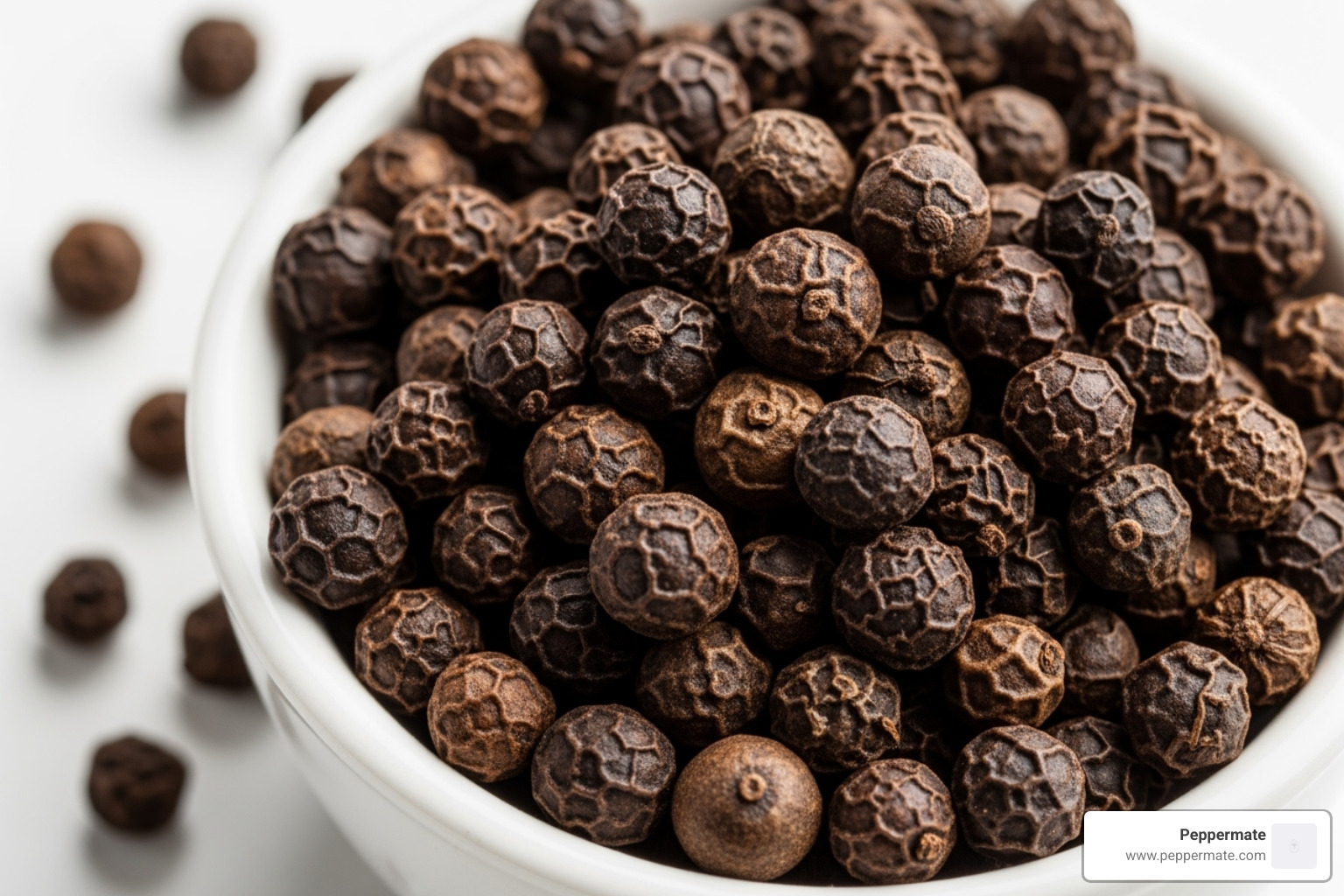whole Tellicherry peppercorns in a bowl, highlighting their large size - tellicherry pepper grinder