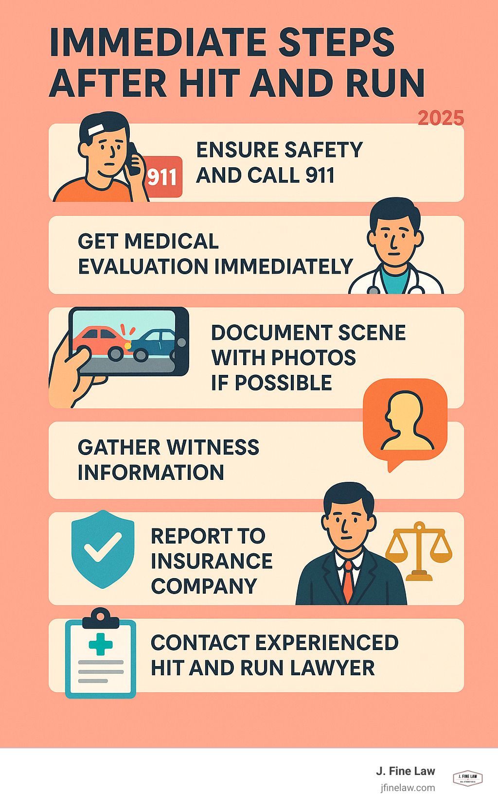 Infographic showing immediate steps after hit and run: 1. Ensure safety and call 911, 2. Get medical evaluation immediately, 3. Document scene with photos if possible, 4. Gather witness information, 5. Report to insurance company, 6. Contact experienced hit and run lawyer, 7. Preserve all evidence and medical records - cherry hill hit and run lawyer infographic 