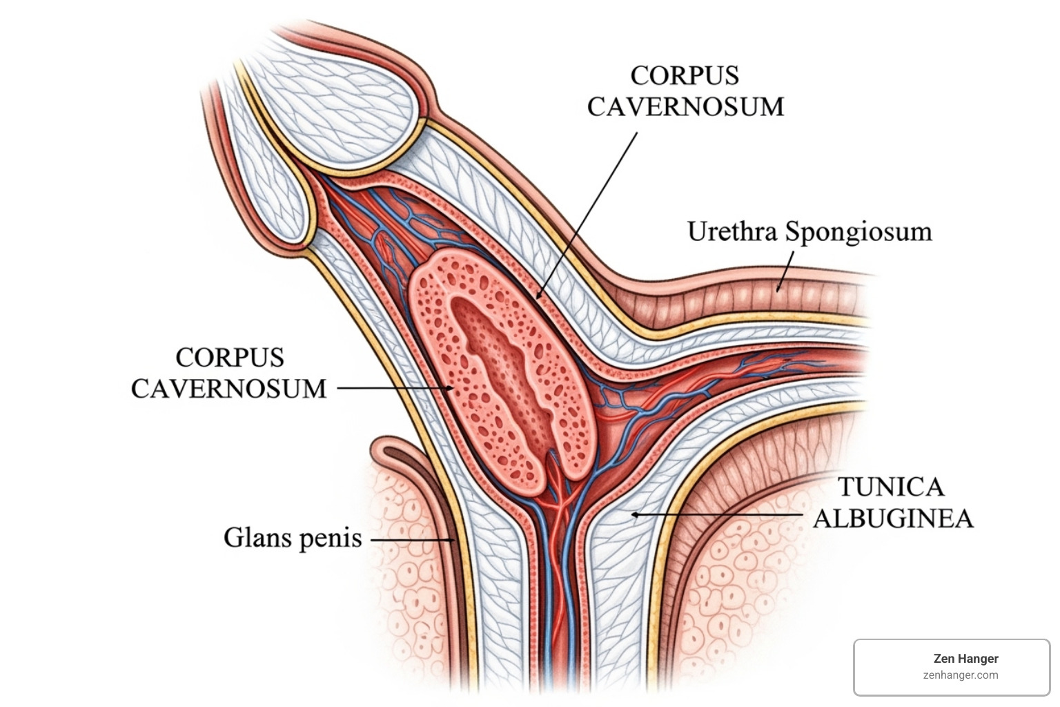 Diagram showing the internal anatomy of the penis, highlighting the Corpus Cavernosum and Tunica Albuginea - intermediate girth penis exercises