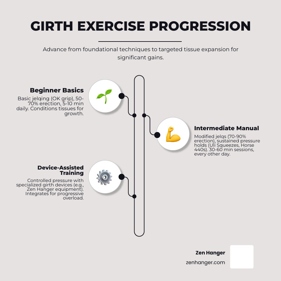 Infographic showing the progression from beginner jelqing exercises (basic OK grip, 50-70% erection, 5-10 minutes daily) to intermediate techniques including modified jelqs (70-90% erection, sustained pressure holds, device assistance with Zen Hanger equipment, 30-60 minute sessions every other day, and advanced manual techniques like Uli squeezes and Horse 440s) - intermediate girth penis exercises infographic infographic-line-3-steps-neat_beige