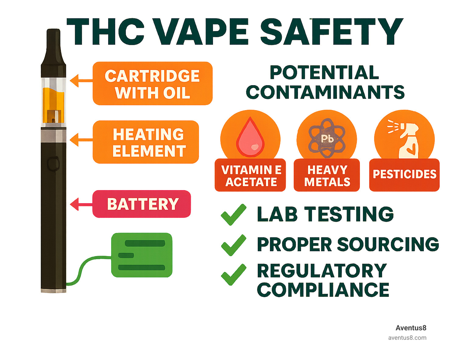 Infographic showing THC vape components including battery, heating element, cartridge with oil, and potential contaminants like vitamin E acetate, heavy metals, and pesticides, with safety checkmarks for lab testing, proper sourcing, and regulatory compliance - THC vape safety infographic 