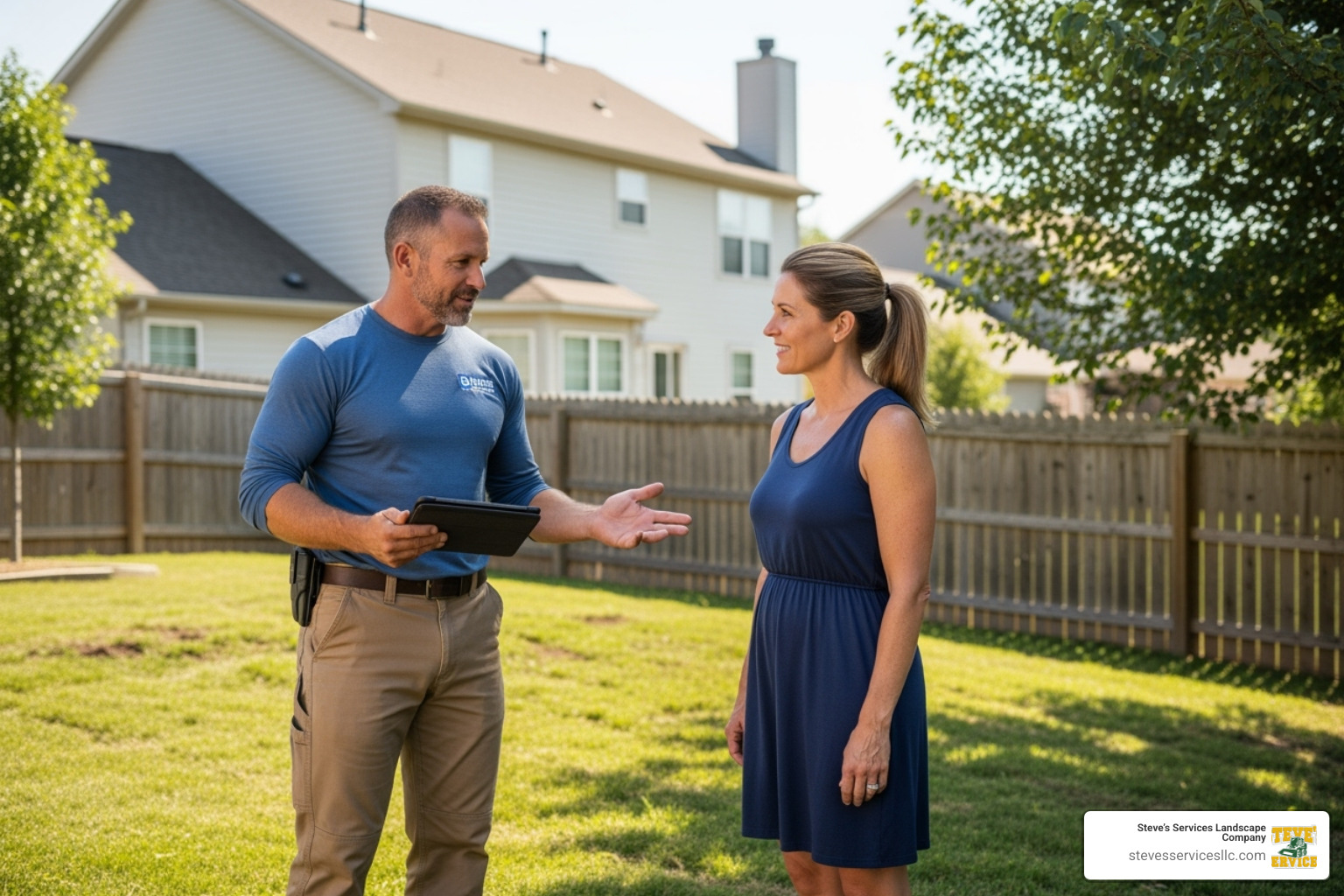 a contractor providing a quote to a homeowner in their yard - Yard leveling services
