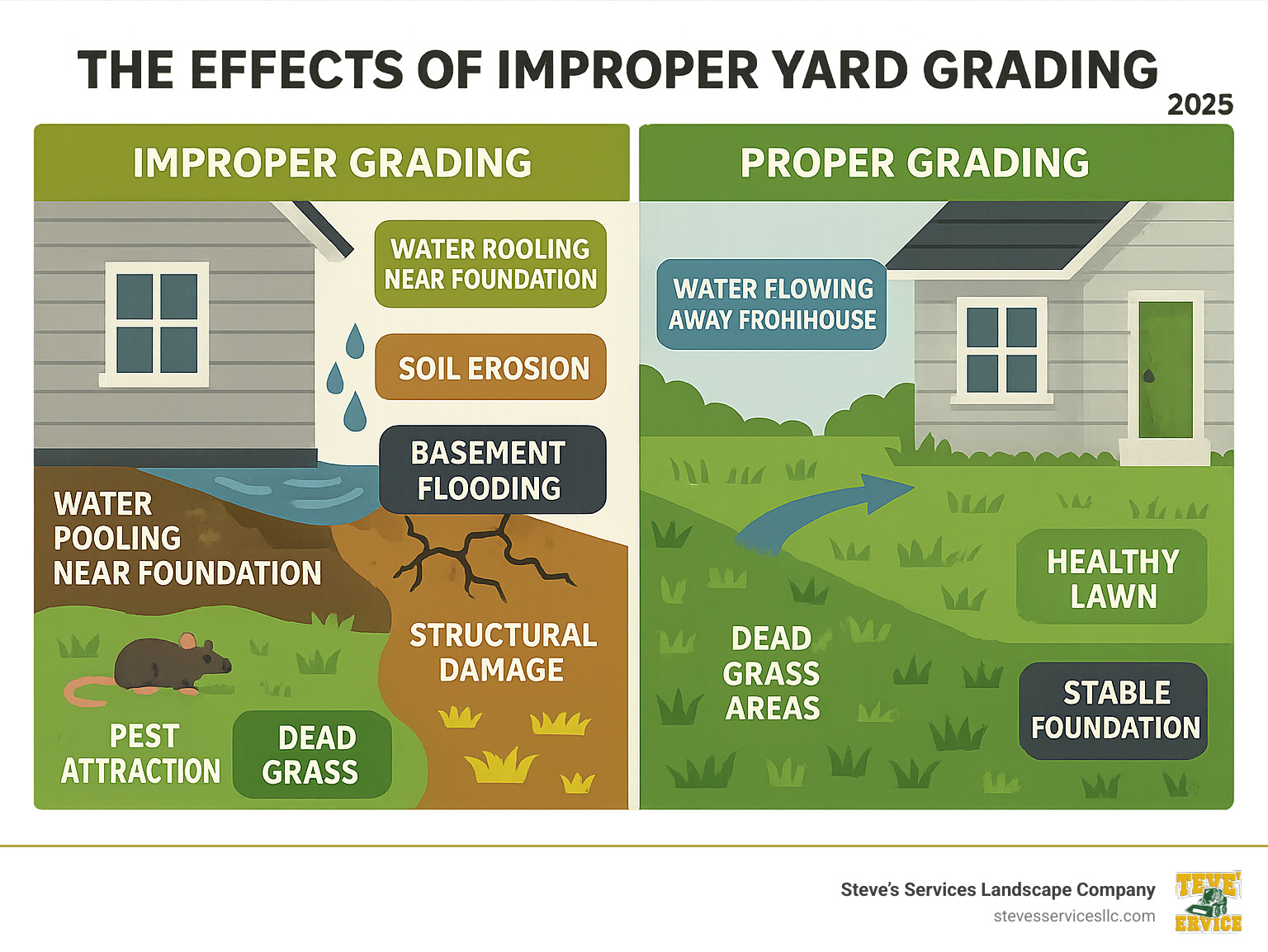 Infographic showing the negative effects of improper yard grading including water pooling near foundation, soil erosion, basement flooding, structural damage, pest attraction, and dead grass areas versus properly graded yard with water flowing away from house, healthy lawn, and stable foundation - Yard leveling services infographic 