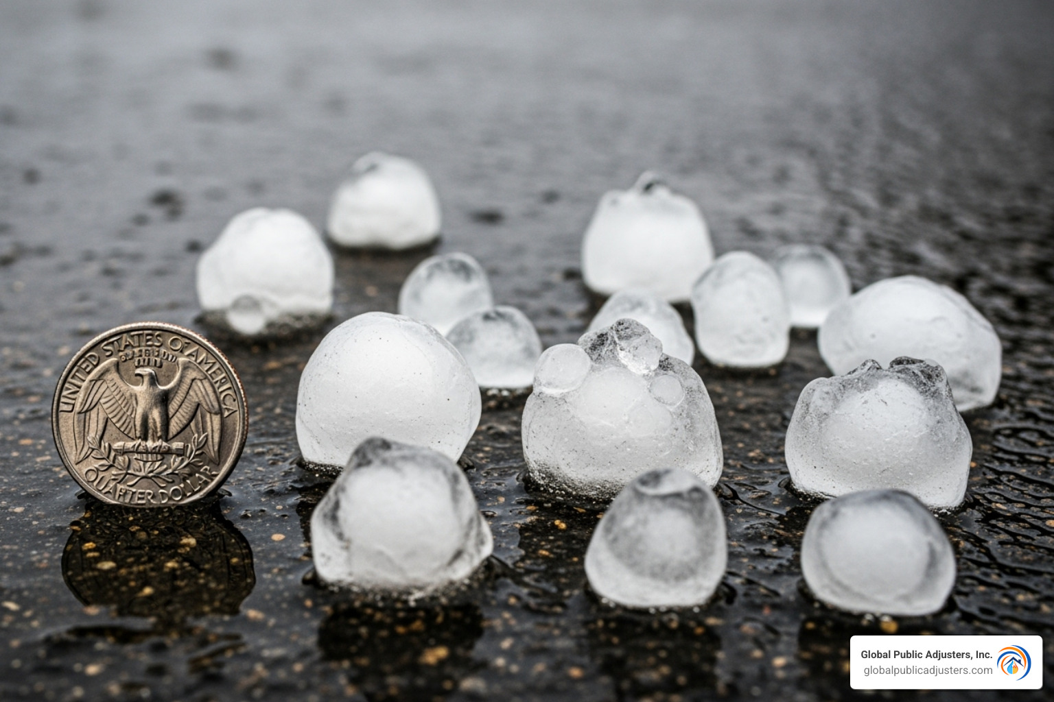 different-sized hailstones next to a coin for scale - average insurance payout for hail damage roof