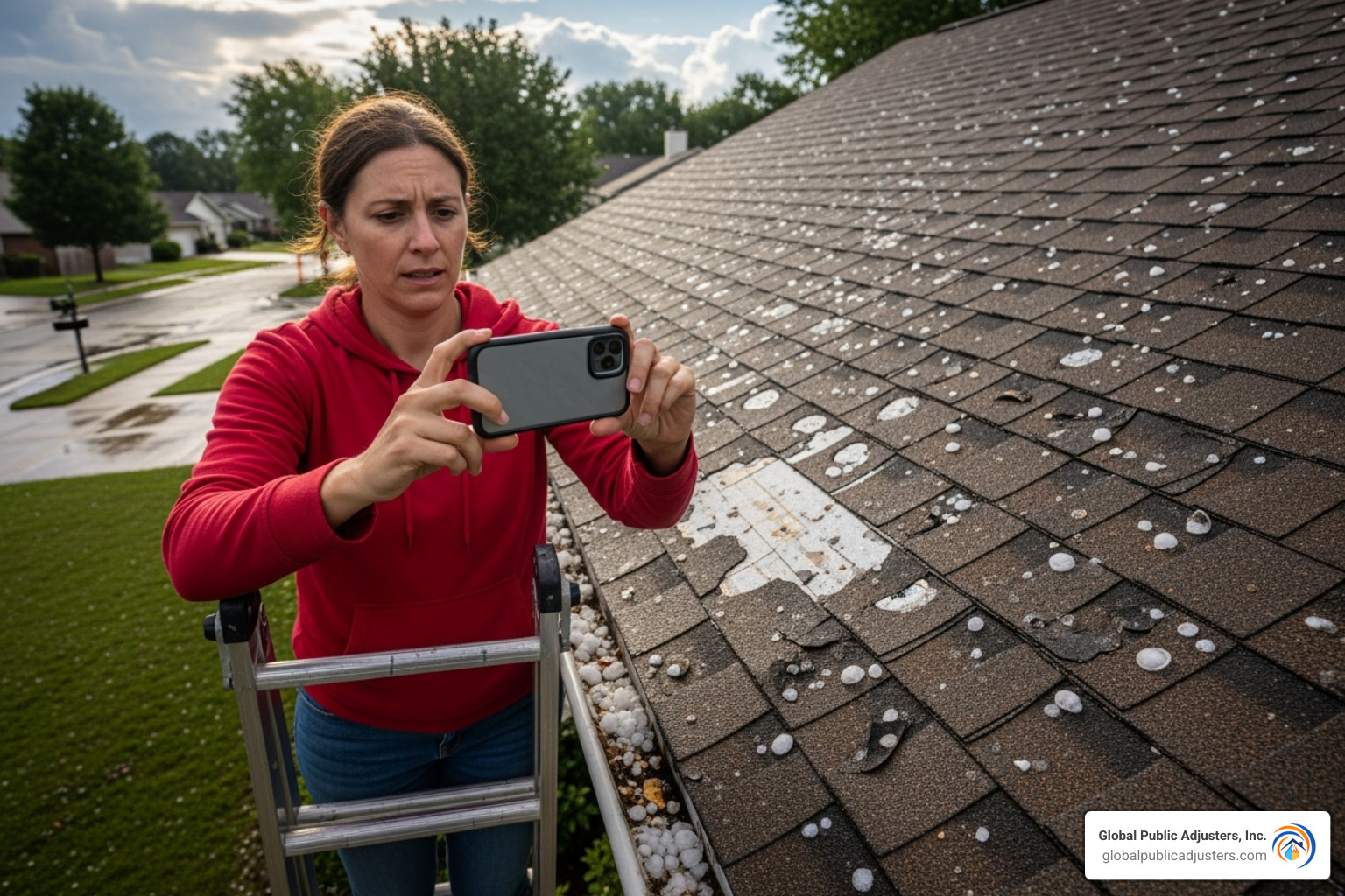 homeowner taking photos of roof damage - average insurance payout for hail damage roof
