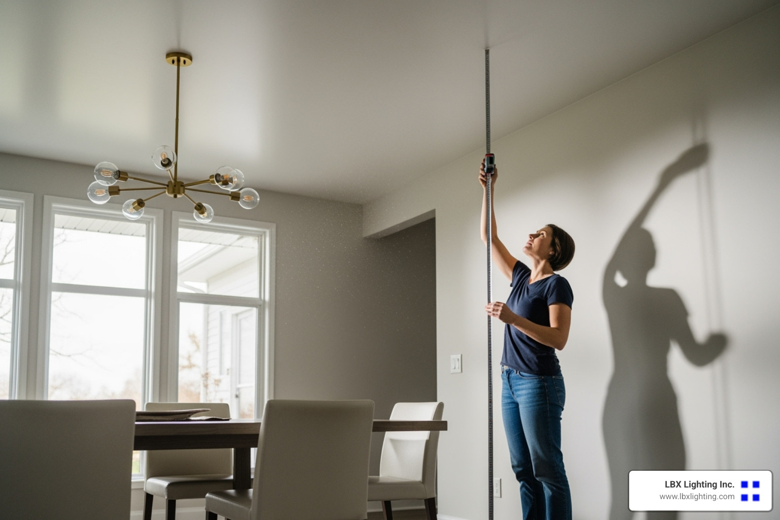 A person measuring a dining room for a chandelier - modern light fixtures