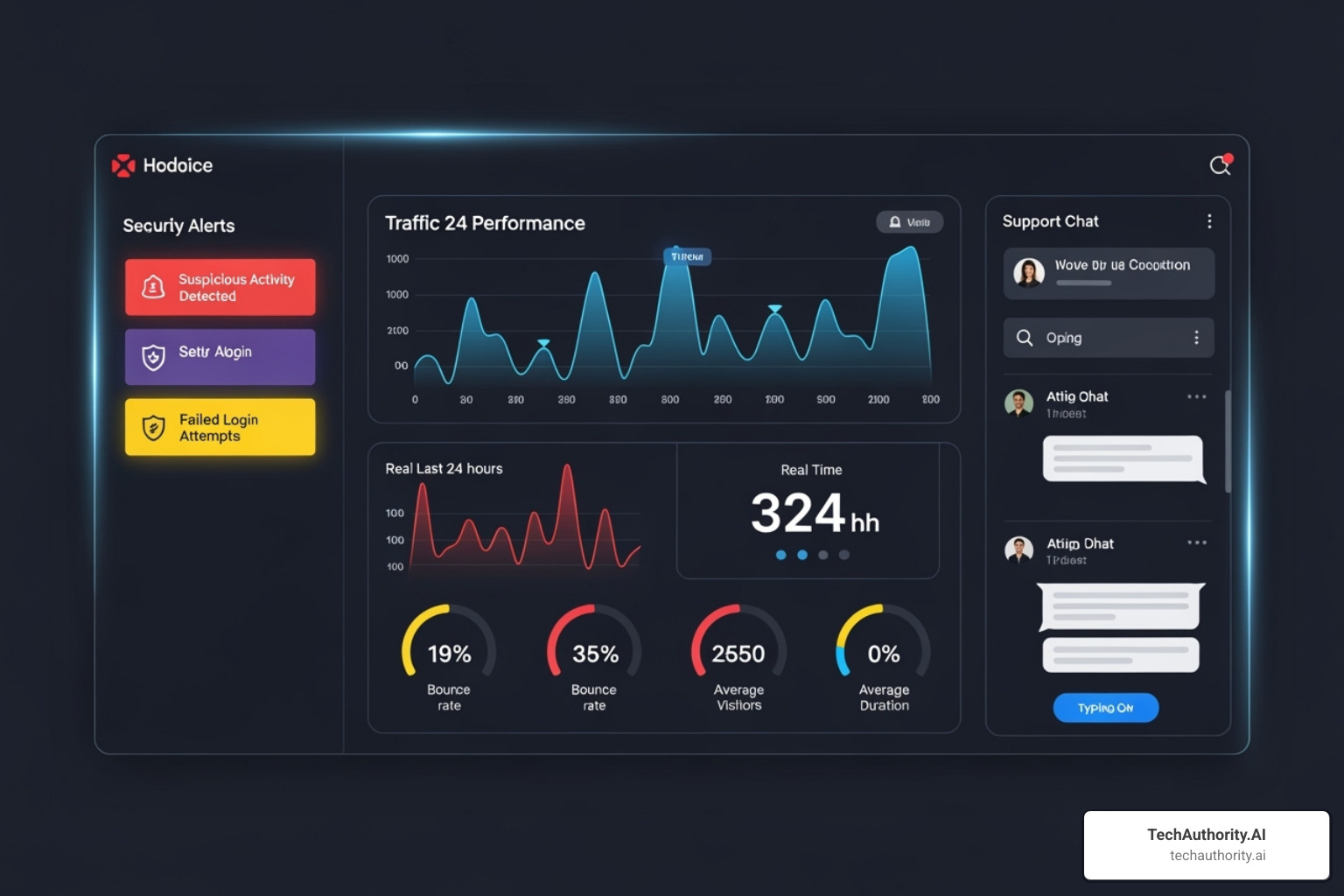 A dashboard showing website performance metrics, security alerts, and support chat - managed WordPress hosting for freelancers
